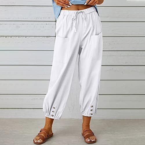 Ndvyxx lanene hlače za žene povremene elastične struke tiskane labave džepove hlače 2023 Ljetne prevelike noge široke noge