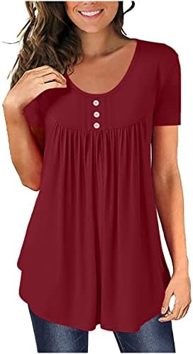 LCEPCY Ljetni ležerni tunični vrhovi za žene okrugli vrat gumb ruched majice solidne labave bluze s kratkim rukavima