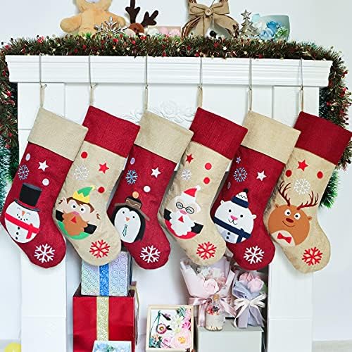 K-MLICE BURLAP Božićne čarape set od 6, velika obiteljska seoska kuća za božićnu čaravu za rustikalni dekor kuće, božićni