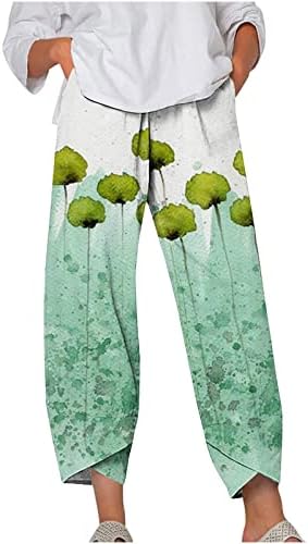 Ženske ljetne lanene hlače Capri joga široke hlače nogu casual labave elastične cvjetne hlače s visokim strukom s džepovima