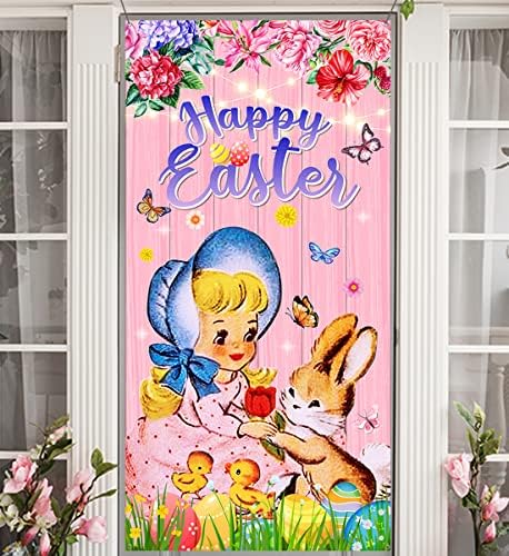 Vintage Uskršnji poklopac vrata-ukrasi za sretnu uskrsnu zabavu Uskršnji zeko banner na trijemu Pozadina Retro proljetni