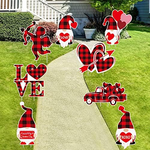 Dvorišni natpisi za Valentinovo, 8 komada ukrasi za dvorište u crvenom i crnom kariranom dvorištu u kolcima Švedski patuljci