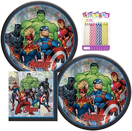 Marvel Avengers Party Supplies Pack služi 16: Hulk, Iron Man, Captain America 9 ploče i salvete s rođendanskim svijećama
