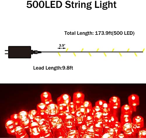 Vicila 500 LED božićno svijetlo crveno, zatvoreni gudački lagani utikač u svjetlucavim visećim svjetlima stabala Fairy Light