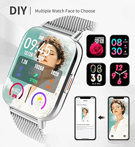 Ženski pametni sat s SMS-om i pozivom, fitness tracker, 1,7-inčni zaslon osjetljiv na dodir s monitorom otkucaja srca, pametni