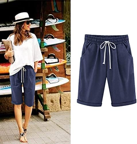 Ženske ljetne pamučne lanene hlače plus veličina kratkih hlača s visokim strukom vezanje plaže za vježbanje džepne hlače