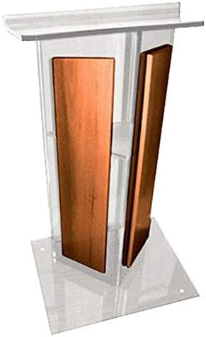 Amplivox SN3550 akrilni V stil lectern s policom, bočnim pločama od drveta i baza okvira, čistim s orahom