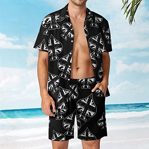 Crna britanska zastava Spades Ace Poker Men's 2 komada plaža za plažu Havajski gumb dolje košulja s kratkim rukavima i kratke