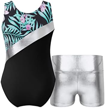 + / Gimnastički kupaći kostim bez rukava s metalnim uzorkom za djevojčice baletni plesni kombinezon s kratkim hlačama