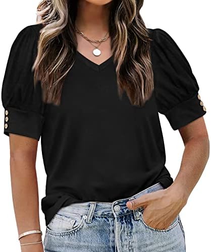 Ljetni vrhovi za žene casual odjevene čvrste boje bluze kratke rukave v vrat labavi udoban pulover majice