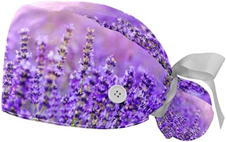 Medicinske kape za žene s gumbima dugačka kosa, 2 komada podesiva radna kapa, cvijet lavande purpur mauve