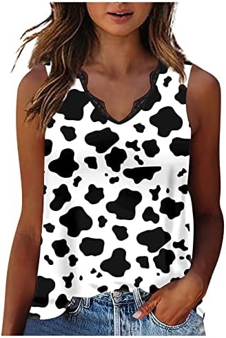 Ženske čipke s V-izrezom košulje bez rukava Ljetni tenkovski vrhovi Slatka krava print grafička majica casual labave fit