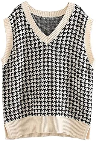Džemper prsluk žena v vrat pleteni preppy stil y2k vrhovi predimenzionirani bez rukava casual 90s grafičke majice pletiva