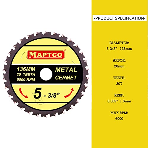 MAPTCO, 5-3/8 30T CERMET KRUKA KRUKA KRUKLE SALE, ARBOR 20 mm s perilom od 5/6 -10 mm, za bežičnu kružnu pilu.