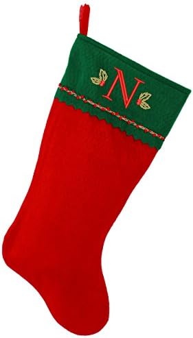 Monogrammed me izvezena početna božićna čarapa, zelena i crvena filca, početni n