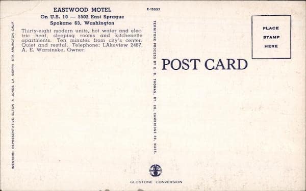 Eastwood Motel Spokane, Washington WA Originalni vintage razglednica
