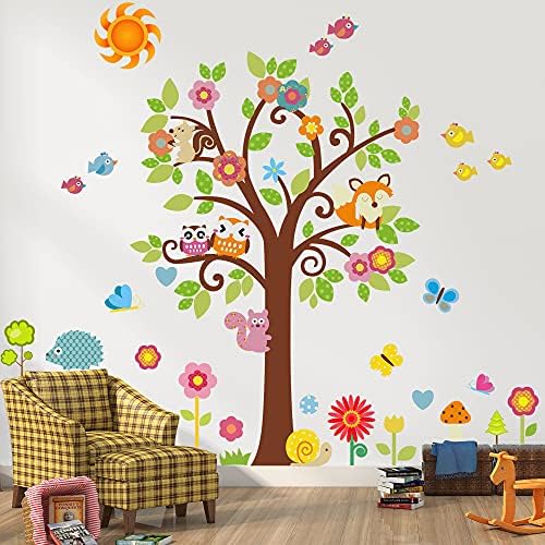 Amaonm 3d uklonjivi šarene sove na drvetu naljepnice na zidu životinje leteće ptice lisice s cvjetnim zidnim naljepnicama