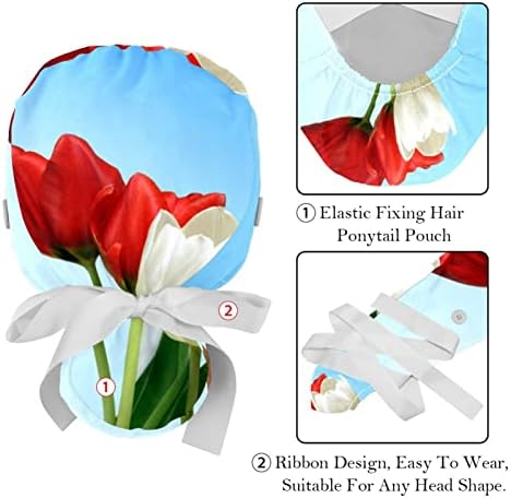 2 PCS Medicinske sestre kapice Žene dugu kosu, crveni bijeli cvijet tulipana Podesiva radna kapa s gumbom i trakom za znoj